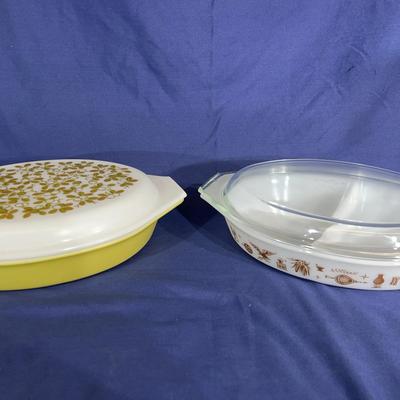 Vintage Pyrex divided casseroles, “Olive Verde” and “Early American”