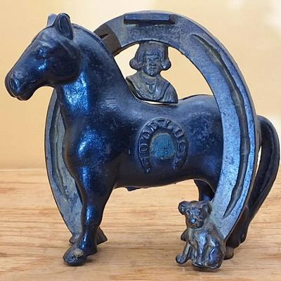 Vintage Cast Iron “Good Luck” Horse Coin Bank