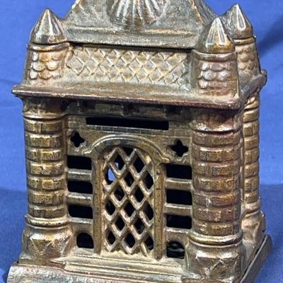RARE Antique (late 19th-century) cast iron Four Tower coin bank by J. & E. Stevens 1895