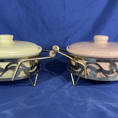 Vintage Bauer Monterey Moderne casserole dishes with metal caddies