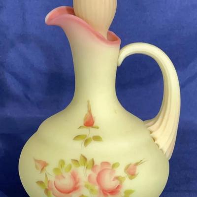 Vintage Fenton Glass hand-painted  “Roses on Burmese” cruet 