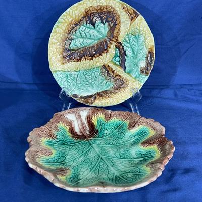 19th Century Handmade Majolica Tobacco Leaf plates