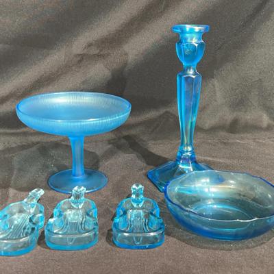 Antique Steuben Celeste Blue console set