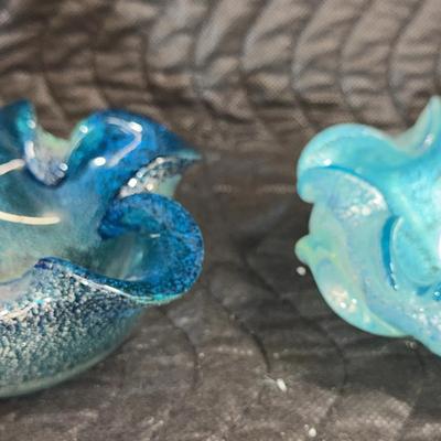 Pair of Vintage Hand-Blown Murano-Style Ruffled Art Glass Bowls – Aqua & Teal