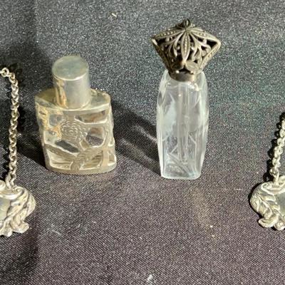 Antique Sterling Silver liquor bottle tags and overlay perfume bottles