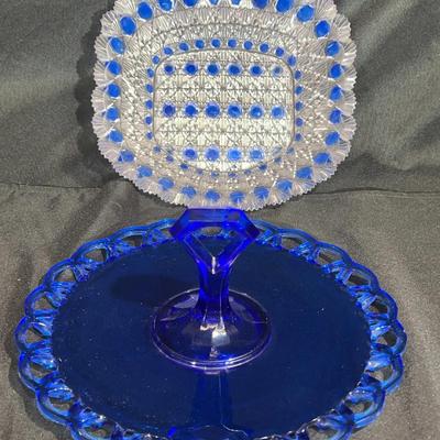 Antique EAPG blue-stained glass bowl & Cobalt Blue Depression Glass serving tray 