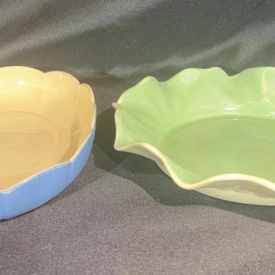 Vintage Los Angeles Potteries scalloped serving dish and Metlox Poppy Trail bowl 