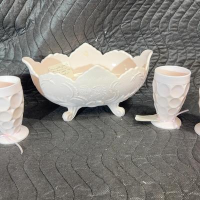 Vintage Pink Milk Glass Goblet Set with Ornate Footed Bowl — Possibly Jeannette Glass Co.