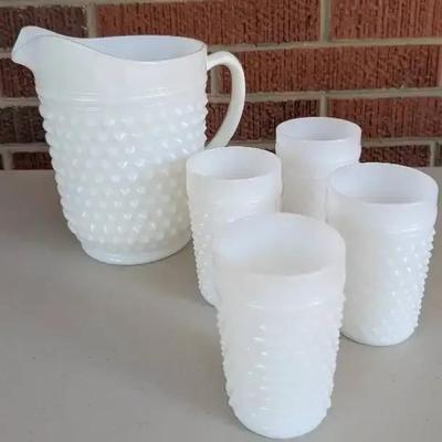 Hobnail Milk Glass Pitcher and Glasses