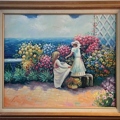 Oil Painting Whimsical Garden by the Sea signed by Kimmel