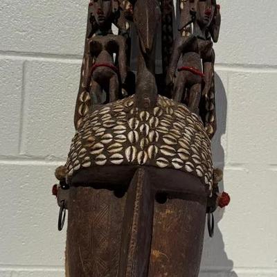 Bamana (Bambara) N'Tomo Society Mask with Cowrie Shell Decoration and Figures - Mali, West Africa