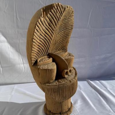 Hand-Carved African Tribal Head Sculpture with Foliate Motif