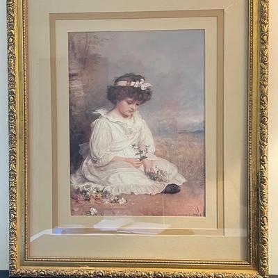 Mass Produced Printed Framed Reproduction of Girl with Flowers