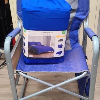 Sit And Sleep - Outbound Folding Chair And Queen Comforter Set In Bright Blue Hues