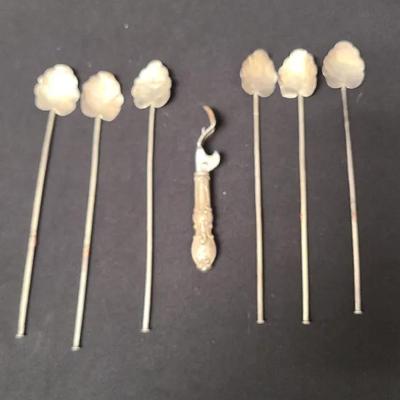 6 Sterling Silver Cocktail Stirrers And A Sterling Silver Bottle Opener
