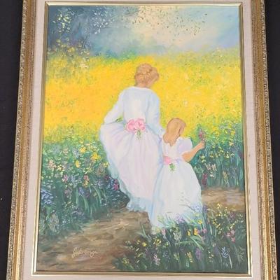 Julie Souza Signed Painting, Featuring Frolicking Figures In a Field Of Flowers