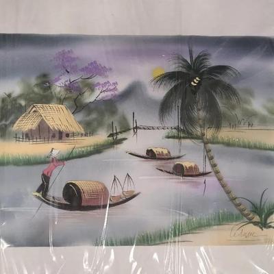 Vietnamese Silk Painting Depicting A Fisherman