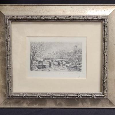 Hand Etching - Sweet Scene Featuring A Beautiful Bridge Signed By Artist
