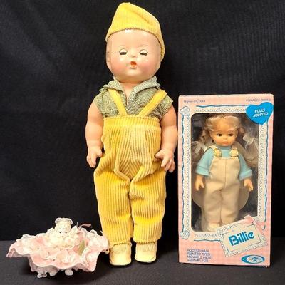 Playmates Billie Doll With Box, Plus A Petite Porcelain And Boy Doll With Bib Overalls