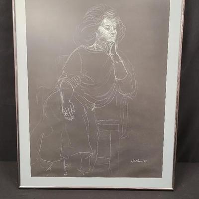 "Seated Woman In Thought" By K. Tallons Chalk Line Drawing