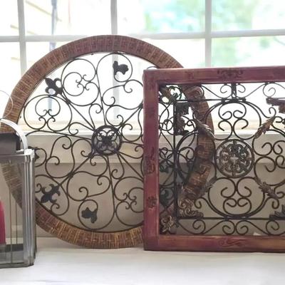 Pair Of Sculptural Wall Hangings & Candle Lantern