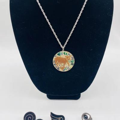 Mexico 925 Sterling Silver Necklace & Earrings Lot – Inlaid Mosaic Pendant & Screw-Back Earrings