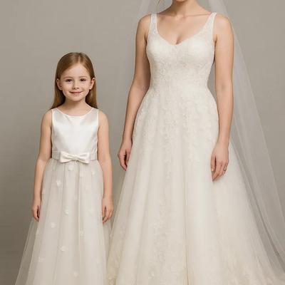 Bride and Flower Girl Dresses – Elegant Ivory Lace and Satin Set