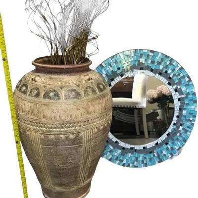 Large Decorative Floor Vase with Dried Arrangement and Zorigs Mosaic Mirror