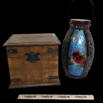 Decorative Wooden Box and Cardinal Glass Lantern