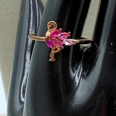 S925 Flamingo Ring – Pink Lab Ruby Stones – Rose Gold Over Sterling Silver – Size 11 – Flamingo Jewe