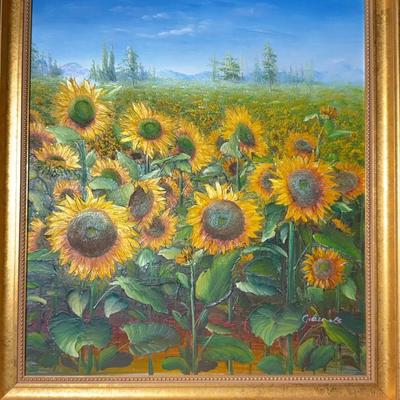 Original Oil Painting – Sunflowers in Golden Field, Signed, Professionally Framed