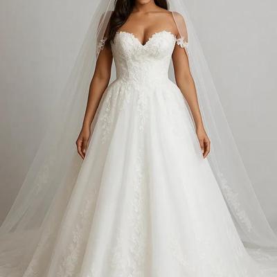 JoSaBi Mariées Custom Ball Gown Wedding Dress + Veil — Beaded Lace, Sweetheart Neckline, Preserved