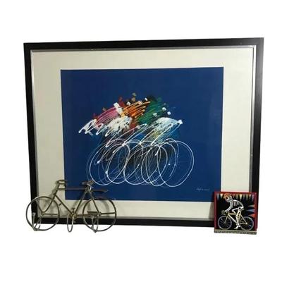 Bicycle Art and Décor Lot – Framed Abstract, Metal Bike, and Hand-Glazed Tile