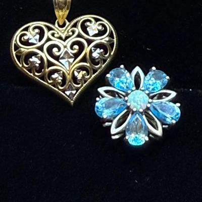 Estate Jewelry Lot – 10K Gold Filigree Heart Pendant & Sterling Silver Blue Topaz & Opal Pendant – T