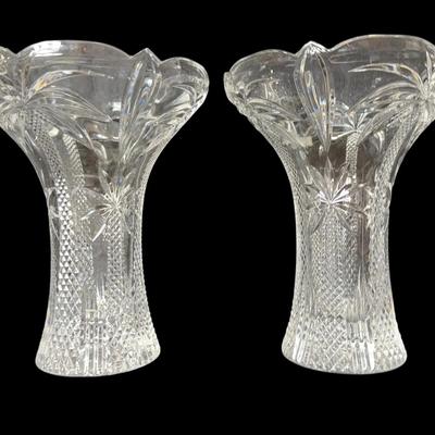Pair of Unbranded Crystal Palm Tree Vases – 12” Cut Glass Design