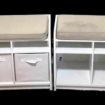 Pair of White Storage Benches with Cushioned Tops and Fabric Bins
