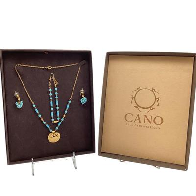 CANO Colombian Jewelry Set – Turquoise Beaded Necklace & Earrings, Gold-Tone Accents, Boxed
