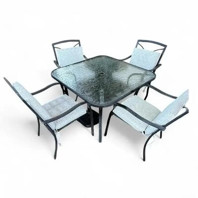 Patio Dining Set with Glass Table, 4 Cushioned Chairs, Umbrella Stand, and Planters