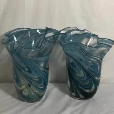 Pair of Handblown Blue Swirl Glass Art Vases