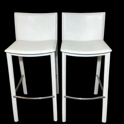 Pair of Modern White Barstools – Chrome Legs, Padded Seats, Approx. 40” Tall