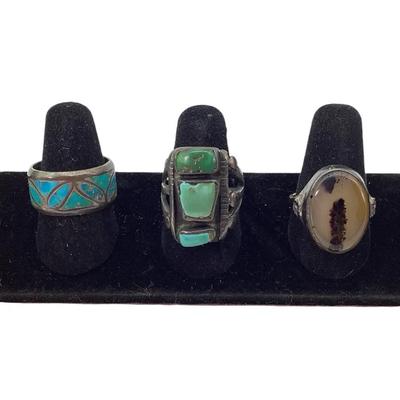 Lot of Three Vintage Rings – Mixed Stones, Southwest Style, No Hallmarks