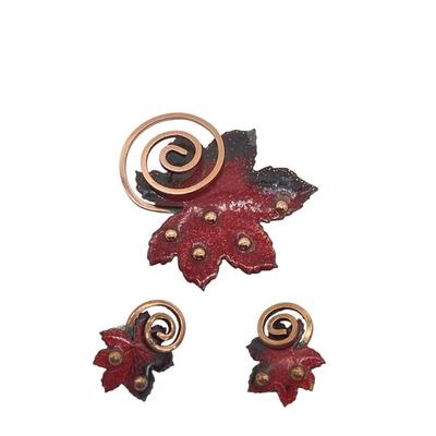 Vintage Matisse Renoir Copper Enamel Leaf Brooch & Earring Set