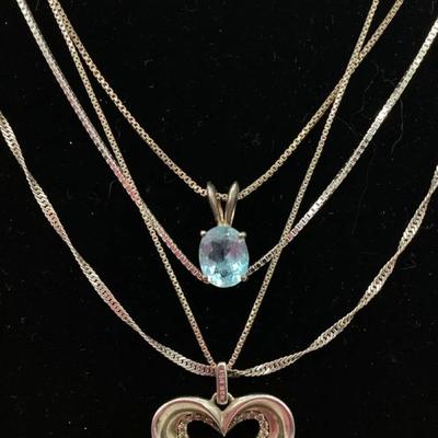Lot of 4 Sterling Silver Chains w/ Blue Topaz Pendant & Heart Pendant – 18.6g Total – Tested .925