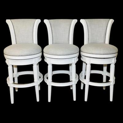 Set of 3 New Ridge Home Goods Swivel Barstools – White Wood with Gray Upholstery