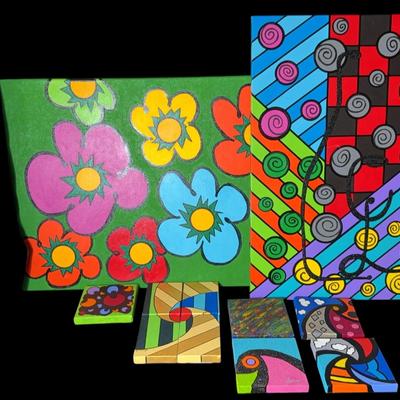 Set of Original Abstract and Pop Art Paintings – Bright Modern Acrylics on Canvas