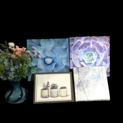 Blue Glass Vase with Faux Flowers and Succulent Wall Art Collection