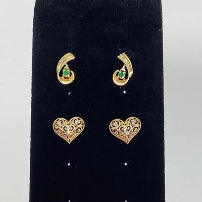 Lot of 2 Pairs Real Gold Earrings – 10K MJ Heart Posts and 14K CU Green Stone Studs – 2.7g Total – G