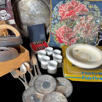 Vintage Home & Tabletop Treasures Lot – Cast Iron Irons, Silver Plate Teacups, and more 
