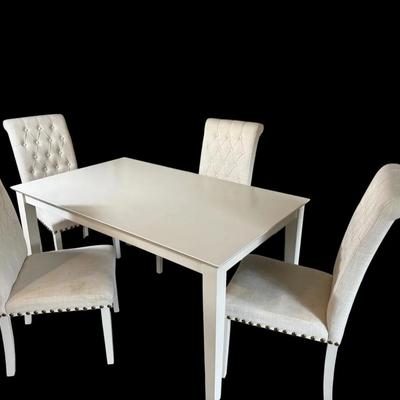 Cream and White Dining Table with Upholstered High-Back Chairs (Set of 4)
