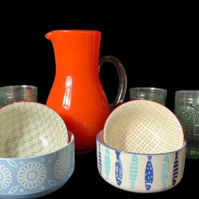 Eclectic Kitchen Collection – Italian Glassware, Bright Pitcher, and Colorful Bowls